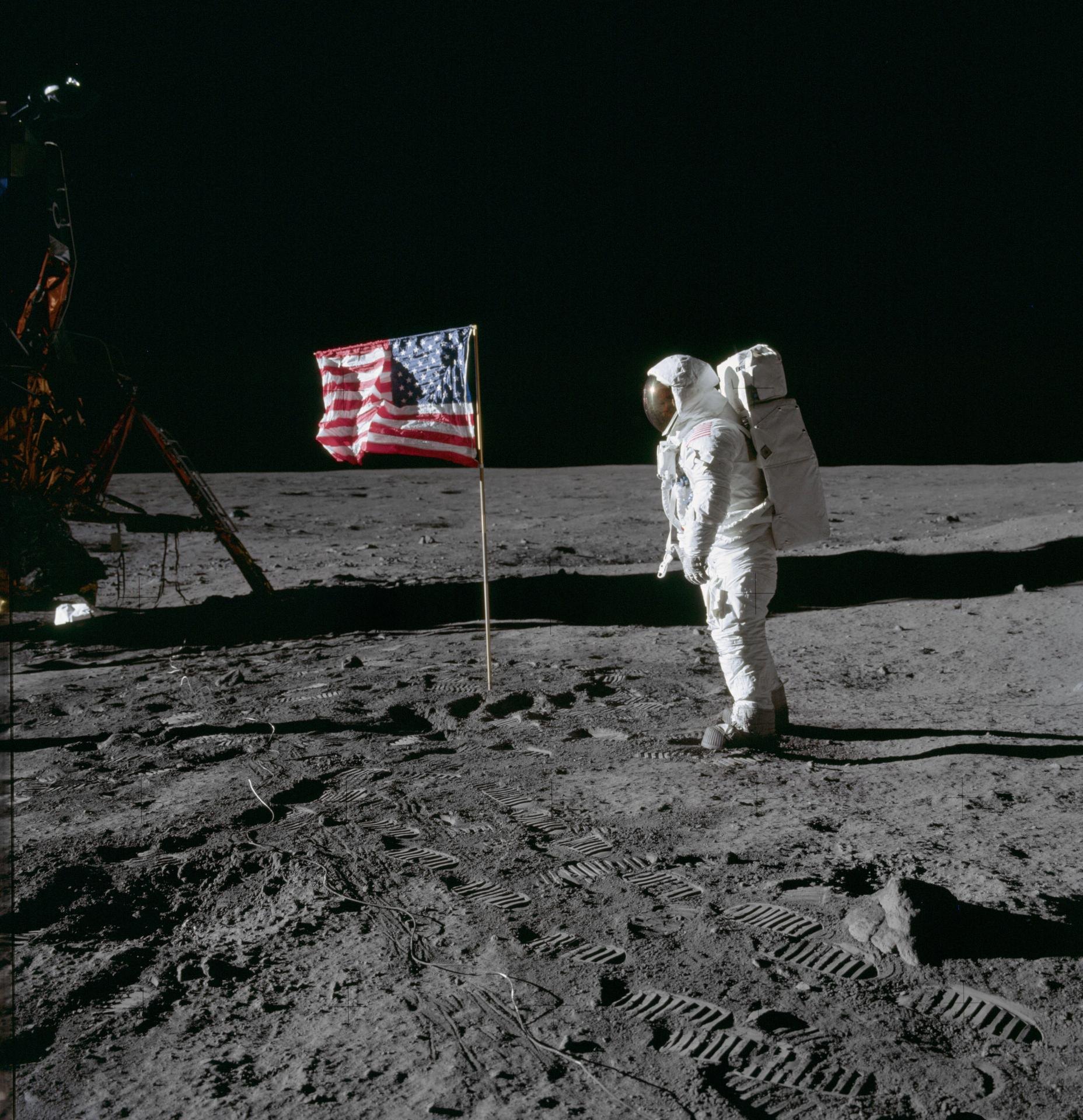 Buzz Aldrin and the flag, Apollo 11